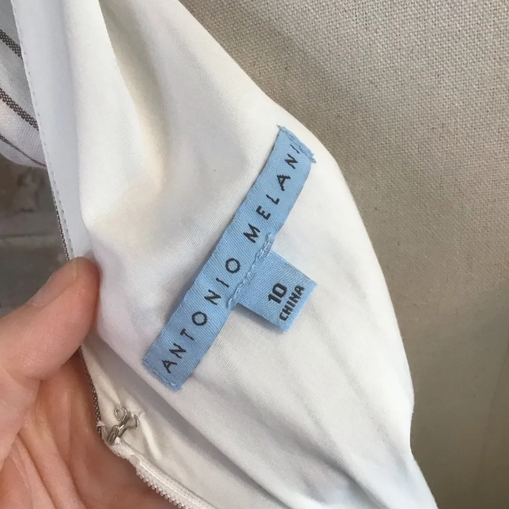 ANTONIO MELANI Women's Ivory Stripe Sleeveless V-neck Sash Linen Midi Dress 10 - Picture 7 of 8